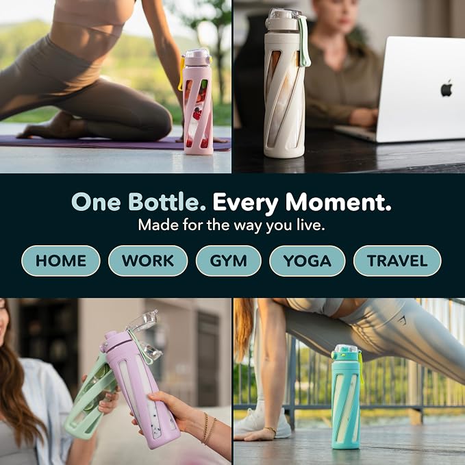 Pandaloo® Orbit 32 oz Glass Water Bottle with 2 Leak-Proof Lids (Straw & Spout), Wide Mouth, Borosilicate Glass, BPA-Free, Cup Holder Friendly for Gym, Work, Travel & Daily Hydration– Olive