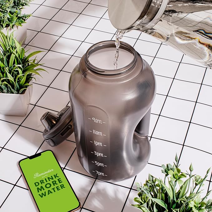 Ello Hydra 64oz BPA-Free Plastic Water Jug with Time Markers, Grey | Large plastic water bottle jug for all day hydration with time markers, carry loop, straw, leakproof lid, and BPA-free