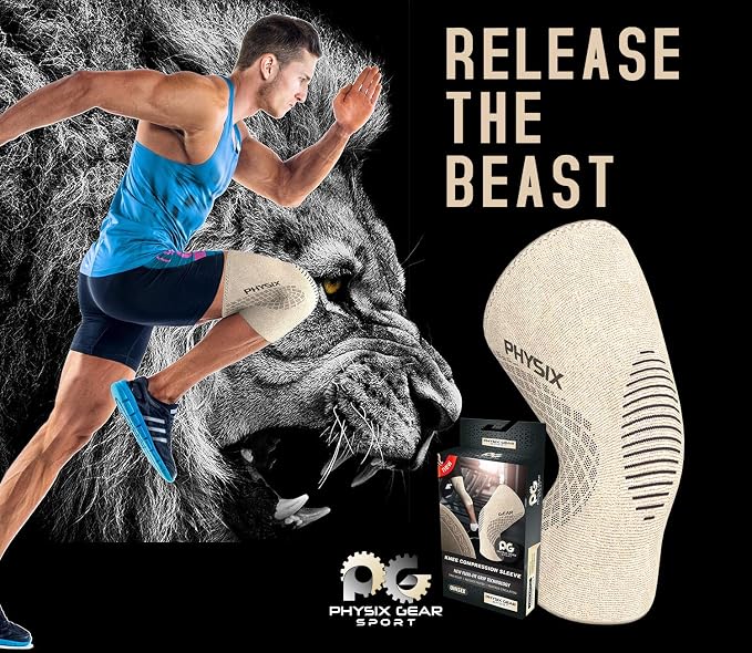 Physix Gear Knee Compression Sleeve for Men & Women - Best Compression Knee Brace for Walking, Running, Gym, Basketball, Weightlifting,Workout, Sports - Knee sleeves Support Compression & Stability