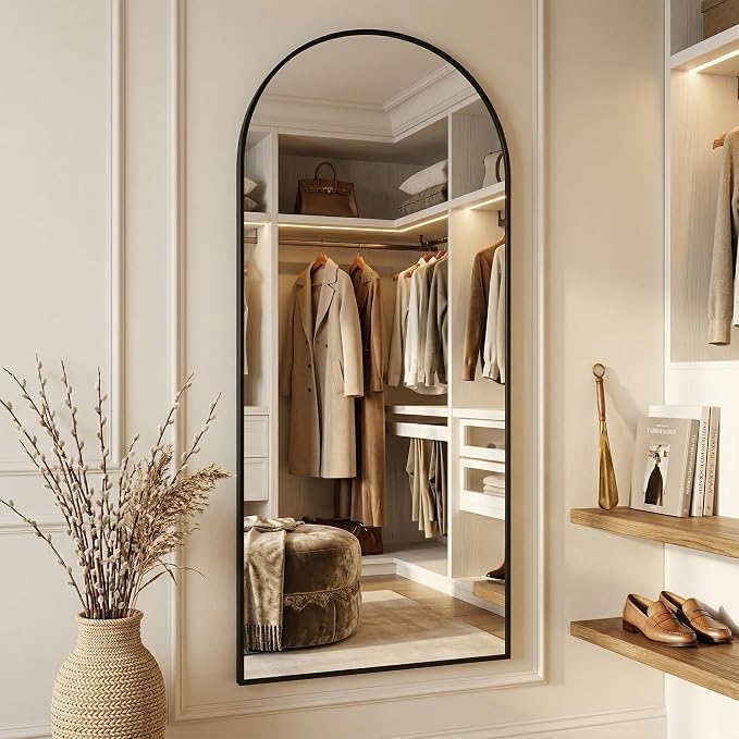 Suidia 71"x28" Arched Full Length Mirror with Stand, Full Body Mirror with Aluminum Frame, Freestanding/Leaning/Wall-Mounted, Floor Mirrors for Bedroom, Living Room, Entryway, Dressing Room, Black