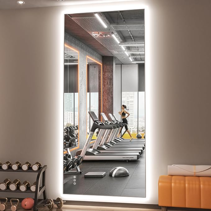 Hasipu 83''x 40'' Home Gym Mirror with Lights Dimmable Anti-Fog Large Full Length Wall Mounted Full Body Mirror for Yoga Dance Fitness Exercise Studio Bedroom Garage, Tempered Glass Workout Mirrors