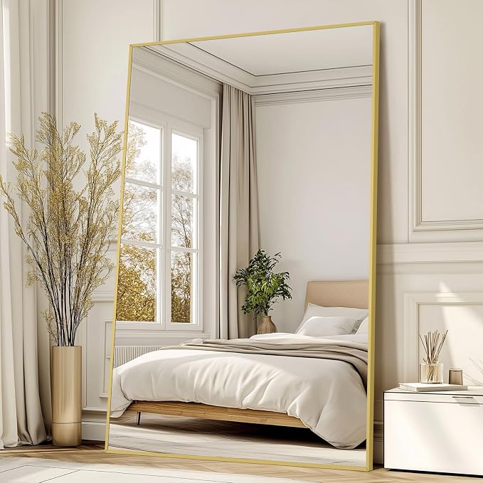 MirrMuse Large Mirror Full Length 72"X44",Oversized Floor Mirror with Stand | Gold Aluminum Alloy Frame, Free Standing, for Gym Bedroom Living Room, Hanging or Leaning, Shatterproof Tempered Glass