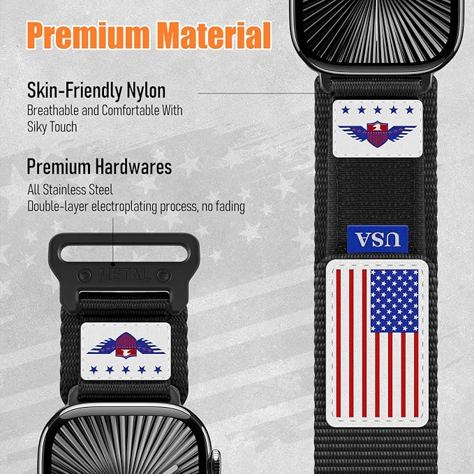 Rugged Nylon for Apple Watch Ultra 2/ Ultra 3 Band Series 11/10/9/8/7/6/5/4/3/SE iWatch Bands Men,Soft Woven Stars-Stripes Flag Wristbands Strap for Apple Watch Ultra 3/2/1 49mm 46mm 45mm 44mm 42mm