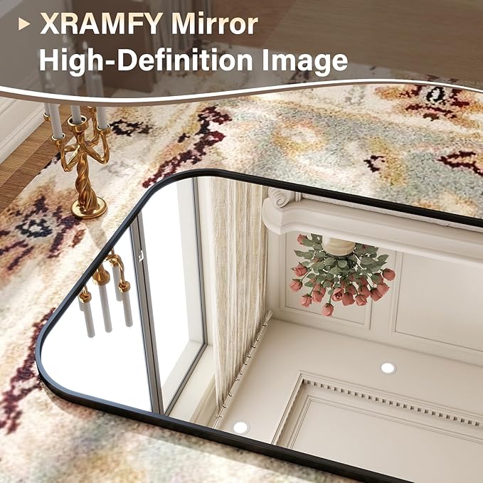 XRAMFY 77"x38" Full Length Mirror - Large Floor Standing & Wall Mountable Full Body Mirror with Sturdy Aluminum Frame, Arched Top Design, Freestanding or Hanging for Bedroom, Cloakroom,Black