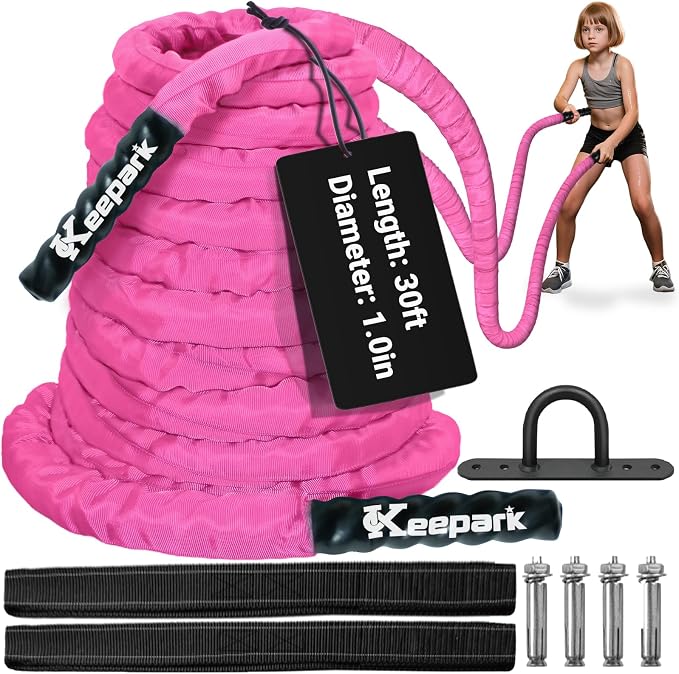 Battle Ropes for Home Gym 1 Inch Diameter 30FT Length Workout Rope Exercise Rope Training Ropes with Protective Sleeve for Kids Men Women Exercise Fitness & Strength Training-Pink