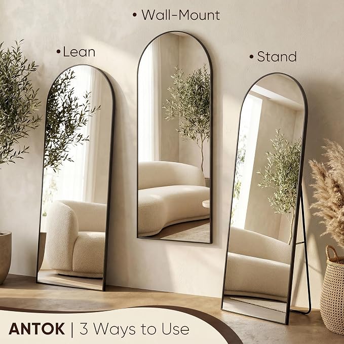 Antok 71" x28” Arched Full Length Floor Mirror, Black Aluminum Frame, Free Standing/Wall Mount/Leaning for Bedroom, Living Room, Dressing Room