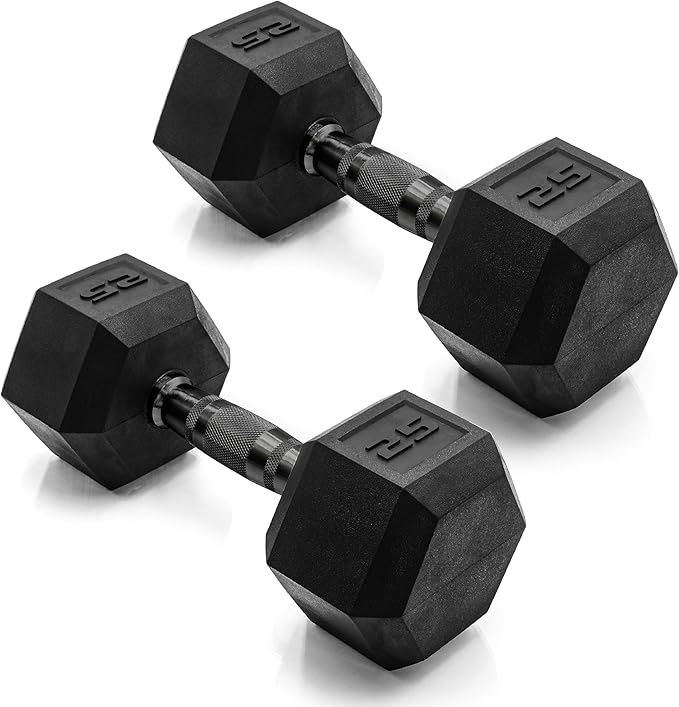 CAP Rubber Coated Dumbbell Weights, Free Weights for Home Gym Strength Training, Anti-Roll Hex Dumbbells with Black, Chrome & Comfort Grip Handles, Pairs & Sets