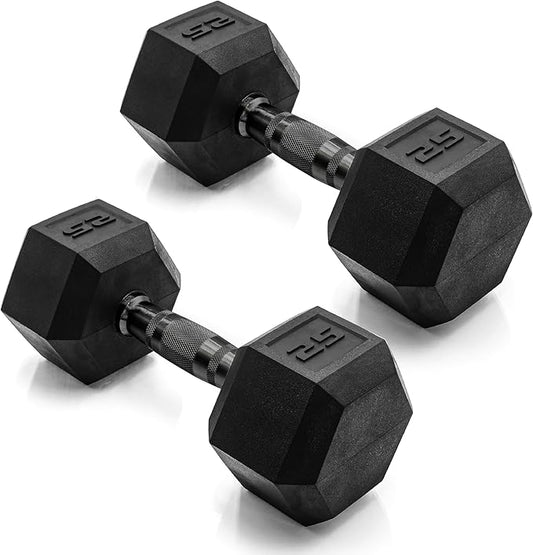 CAP Rubber Coated Dumbbell Weights, Free Weights for Home Gym Strength Training, Anti-Roll Hex Dumbbells with Black, Chrome & Comfort Grip Handles, Pairs & Sets
