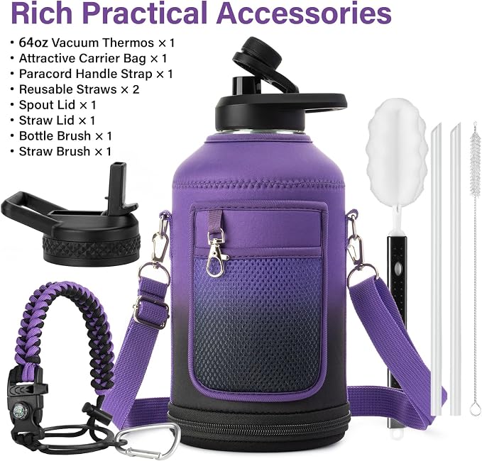 DYSANKY Insulated Water Bottle | Thickened Stainless Steel Vacuum Metal | Portable Sports Half Gallon Large Water Jug for Gym and Hiking with Straw, Carrier Bag, Handle Strap | BPA-Free 64 oz