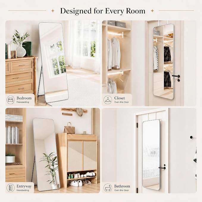 SCWF-GZ 57x20 Full Length Mirror Over The Door Hanging, Floor Stand/Wall Mounted Aluminum Alloy Frame Dressing Mirror for Bedroom Living Room 57 inch Silver