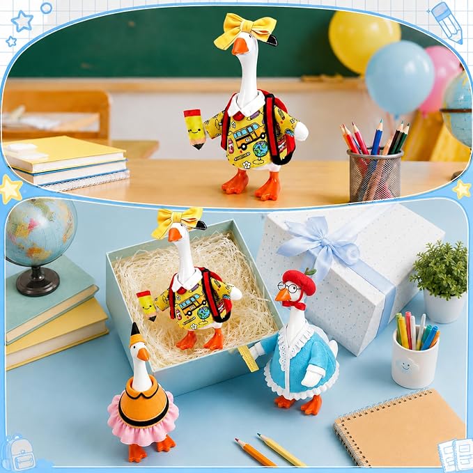 7 Inch Desk Goose Statue with 6 Back to School Outfits Set Cute Mini Goose Decor School Classroom Office Home Table Decoration First Day of School Gifts for Teachers Students