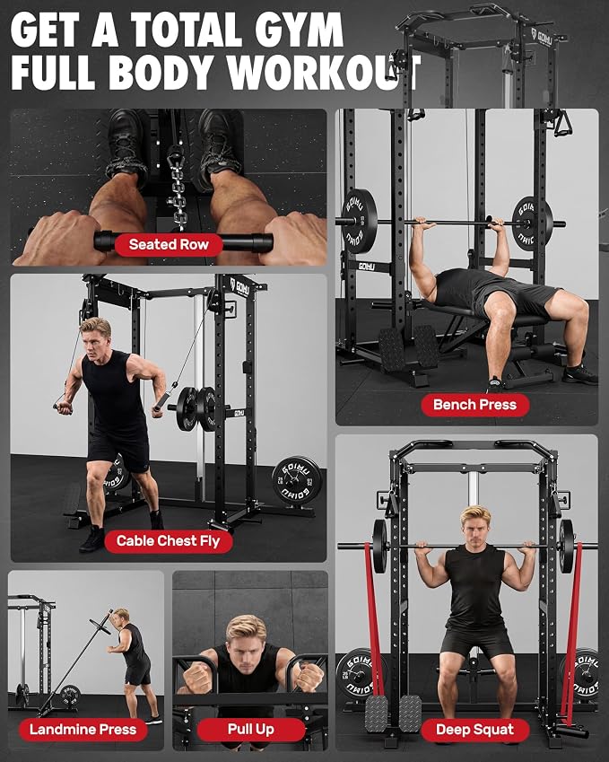 RH01 Power Cage Rack, 2000LBS Squat Rack with with Cable Crossover System&LAT Pull Down System, Multi-Function Workout Cage for Home&Garage Gym