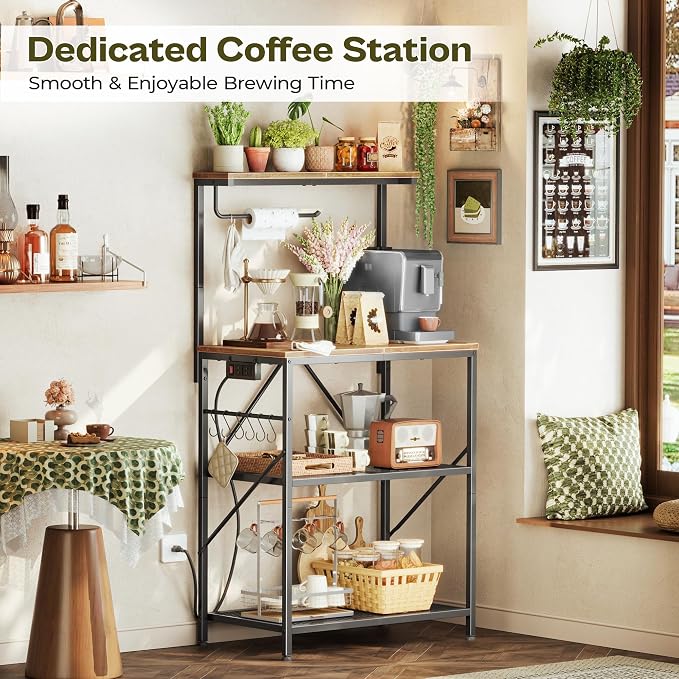 Huuger 4-Tier Bakers Rack with Reversible Power Outlet, 23.6 Inch Microwave Stand, Kitchen Coffee Bar, with Top Shelf, 6 S Hooks, Rustic Brown