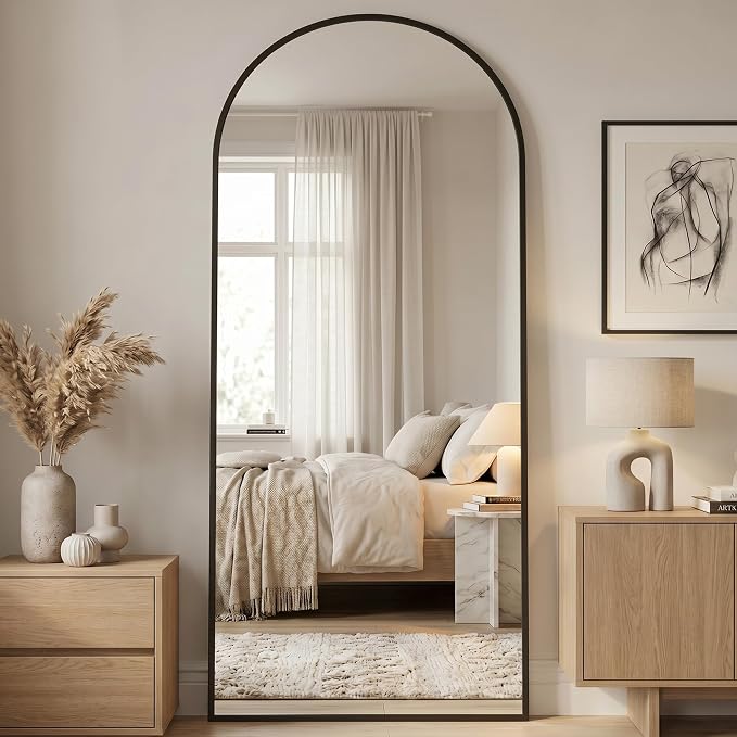 71"x28" Arched Full Length Mirror with Stand, Free Standing Leaning Wall Mounted Aluminum Alloy Frame Mirror for Bedroom Living Room Cloakroom, Black