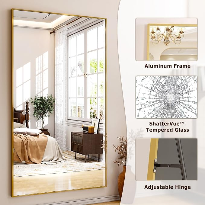 Easly Full Length Mirror with Stand 38"x77" Full Body Mirror Floor Mirror Standing Hanging or Leaning Wall, Wall Mirror with Stand Aluminum Alloy Frame for Living Room Bedroom Cloakroom,Gold