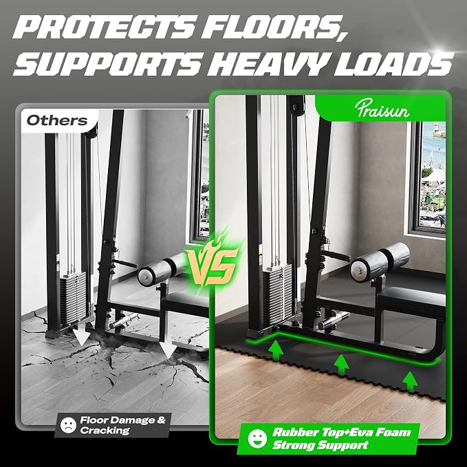 PRAISUN 0.56" Rubber Top Gym Flooring, Heavy Duty Interlocking Gym Mats for Home Gym, Non-Slip Workout Mat, 24 x 24in Large Gym Floor Mat, Protect Floors from Weights & Equipment, 48 Sq Ft, Pure Black