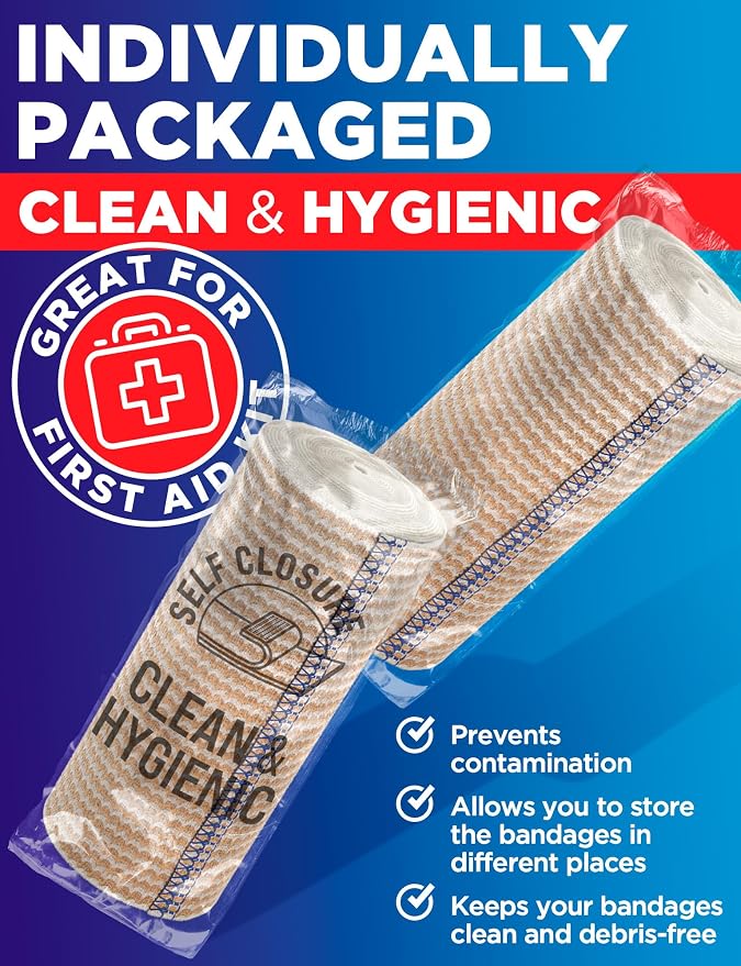Premium Elastic Bandage Wrap - 4” (2pk) - Self-Closing Compression Bandage | Reusable Bandage Wrap for Leg, Ankles, Wrists, and Knees - For First Aid Kit and After Surgery Recovery - Latex Free