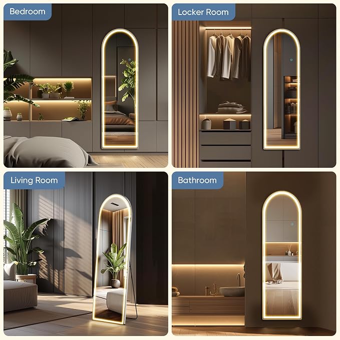 OLIXIS 16"x60" Arched Full Length Mirror with Lights, Body Mirror | Standing Floor, 3 Color Modes, Wall Mounted, Bedroom Bathroom Entryway, Tempered Glass