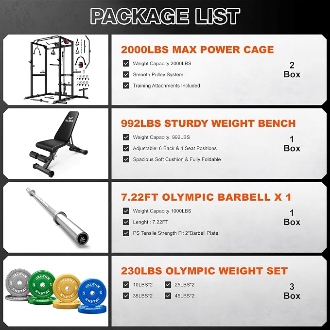 JELENS S21 Power Cage, Multi-Function Power Rack with Adjustable Cable Crossover System, 2000LBS Squat Rack for Home Gym with More Training Attachments