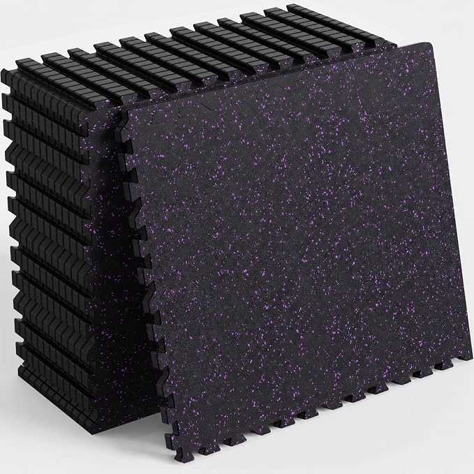 48 Sq Ft Rubber Top Gym Flooring for Home Gym, Black/Purple | 12 Tiles, High Density EVA Foam, Waterproof & Non-Slip Rubber, 0.4" Interlocking Puzzle Mats, Floor Protection, 24"x24"