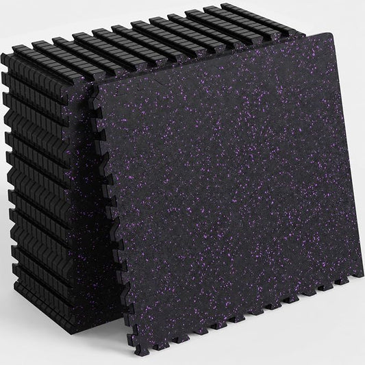 48 Sq Ft Rubber Top Gym Flooring for Home Gym, Black/Purple | 12 Tiles, High Density EVA Foam, Waterproof & Non-Slip Rubber, 0.4" Interlocking Puzzle Mats, Floor Protection, 24"x24"