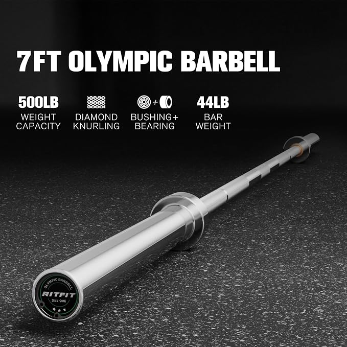 RitFit Elite 7ft Olympic Barbell, Robust 45lb Barbell for Weightlifting and Powerlifting, Superior Olympic Bar with Exceptional 500lbs Load Capacity, Weight Bar for 2” Standard Plates