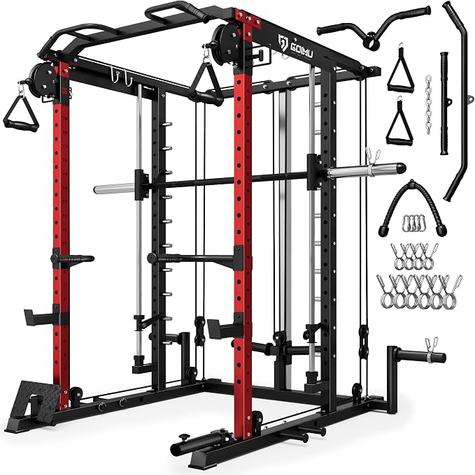 S1-V4 Smith Machine, 2000LBS Power Cage with Cable Crossover System, All-in-One Squat Rack with Smith Bar, Strength Training Equipment for Home Gym