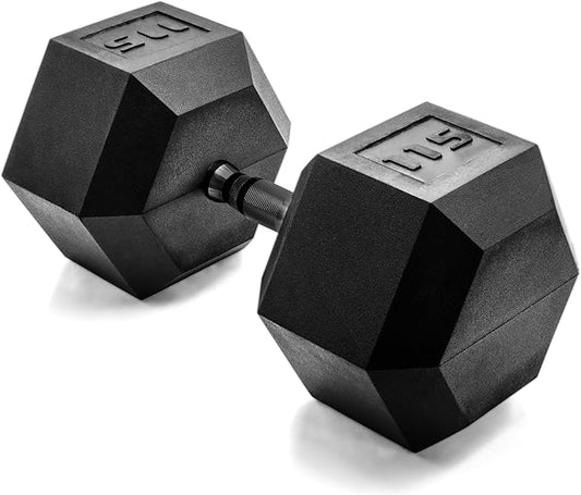 CAP Rubber Coated Dumbbell Weights, Free Weights for Home Gym Strength Training, Anti-Roll Hex Dumbbells with Black, Chrome & Comfort Grip Handles, Singles