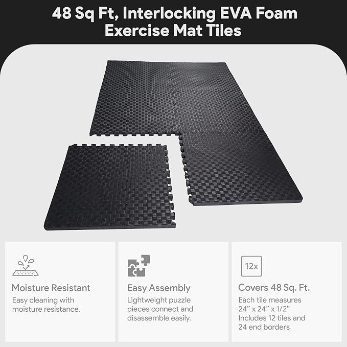 BalanceFrom Puzzle Exercise Mat 1/2" Thick, EVA Interlocking Foam Floor Tiles for Home Gym, Mat for Home Workout Equipment, Floor Padding for Kids, Black, 24 in x 24 in x 1/2 in, 48 Sq Ft - 12 Tiles | Tiles for Home Gym, Mat for Home Workout Equipment,...