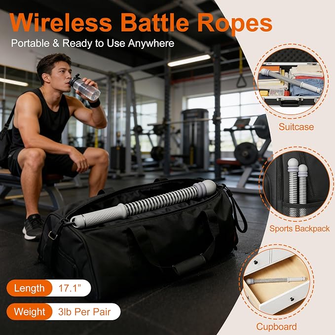 Adjustable Ropeless Battle Ropes, Portable Cordless Battle Ropes for Home Gym, Workout Equipment Exercise Rope for Low-Impact Workout, Strength & HIIT, for Men & Women (Grey)
