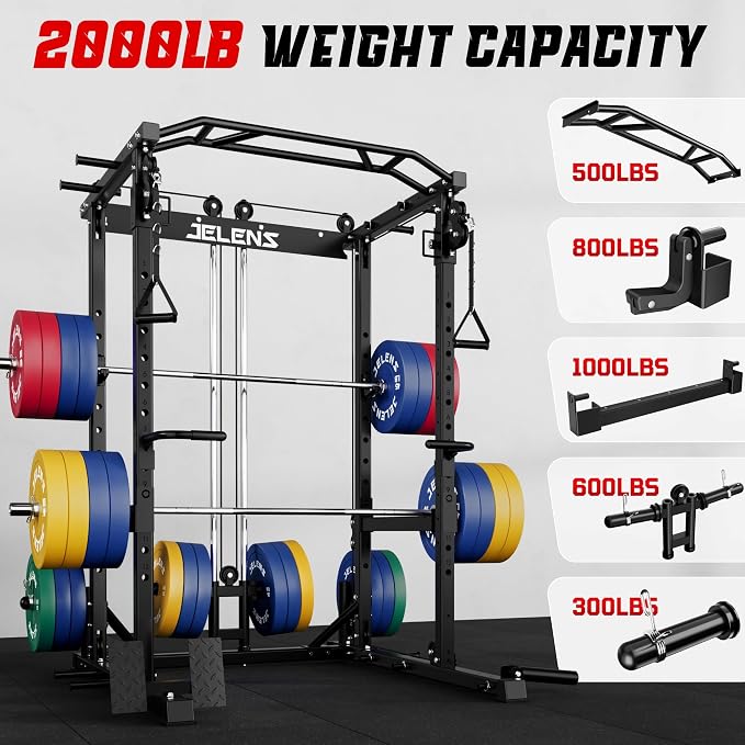 JELENS C12 Power Rack, 2000LBS Squat Rack with Cable Crossover System, Workout Cage with More Training Attachments for Home Gym