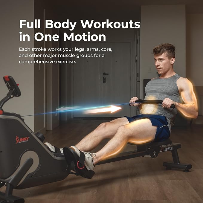 Sunny Health & Fitness Smart Flippable Magnetic Rower, 50 Inches Quiet & Smooth Stainless Steel Slide Rail, Full-Body Low-Impact Exercise Rowing Machine For Home, Free SunnyFit Training APP Connection