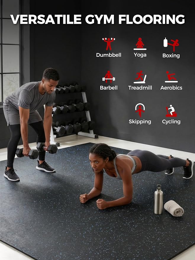 0.56" Rubber Top Gym Flooring, 24 Tiles 96 Sq Ft Heavy Duty Interlocking Gym Mats for Home Gym, Non-Slip High Density EVA Foam Workout Mat, Protect Floors from Weights, 24x24in, Black/Blue