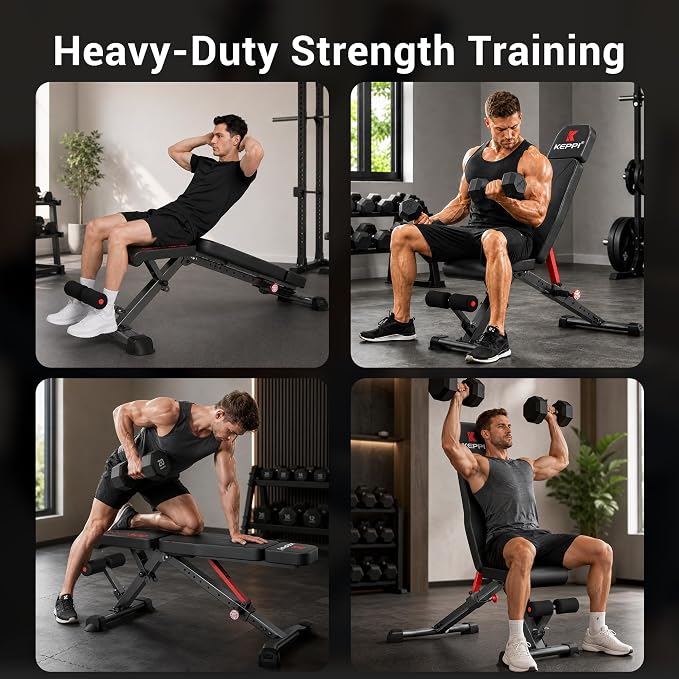 Keppi Weight Bench 900Lb, Adjustable Foldable Sturdy Bench for Home Gym | 900LB Flat capacity,11 back adjustments,fast-fold,30lb portable, PU leather, bands included,home gym & apartment