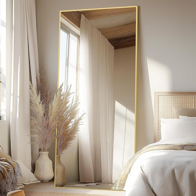 76"x34" Large Floor Mirror Full Length with Stand, Oversized Gold | Free Standing or Leaning, Wall‑Mountable, for Bedroom Living Room Home Gym, Rectangular, Tempered Glass, Aluminum Frame