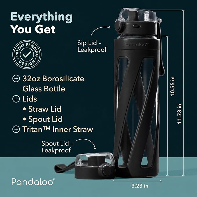 Pandaloo® Orbit 32 oz Glass Water Bottle with 2 Leak-Proof Lids (Straw & Spout), Wide Mouth, Borosilicate Glass, BPA-Free, Cup Holder Friendly for Gym, Work, Travel & Daily Hydration-Black