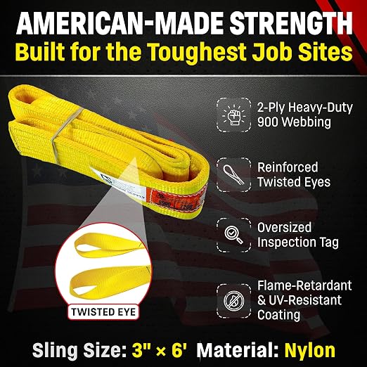 DD Sling (USA Made). 3" Widths by 6' to 20' Lengths in Listing, 2 Ply Twisted Eye, Nylon Lifting Slings, Eye & Eye, 8,900 lbs Vert, 7,200 lbs Choker, 17,800 lbs Basket Load Capacity (3" x 6')
