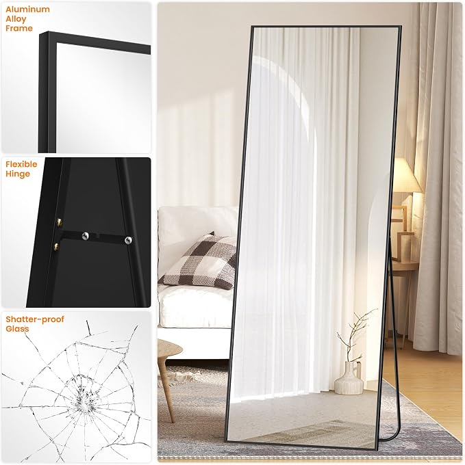 TRAHOME Full Length Standing Mirror, 70"x24" Black Full Body Mirror with Aluminum Alloy Frame, Free Standing or Wall Mount for Bedroom, Living Room, Dressing Room