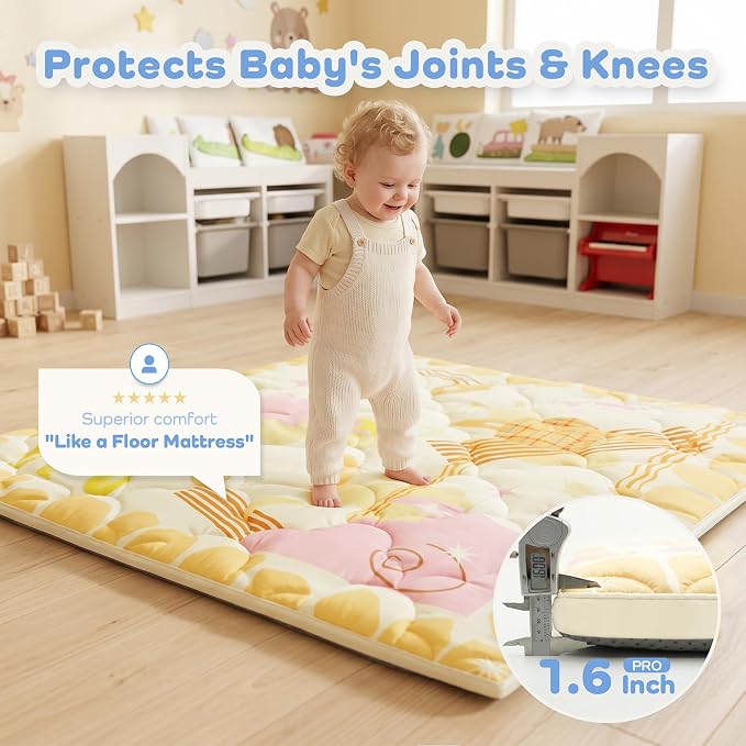 1.6" Thick Baby Play Mat, 50x50 Removable & Machine Washable Cover | Padded Memory Foam, Non-Slip Backing, 100% Baby-Safe Materials, Tummy Time Crawling, Outdoor, Bedroom, Living Room, Nursery
