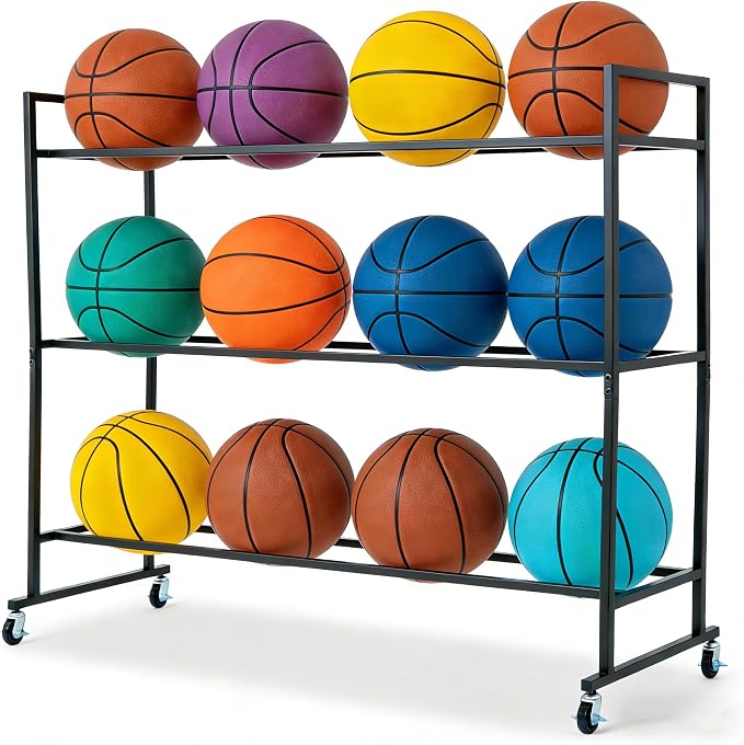 Basketball Rack with Lockable Wheels, Heavy Duty 120 lbs Capacity Basketball Stand for Slam Balls, Home Gym and Garage Organization, Black Ball Holder Cart for Basketball Football