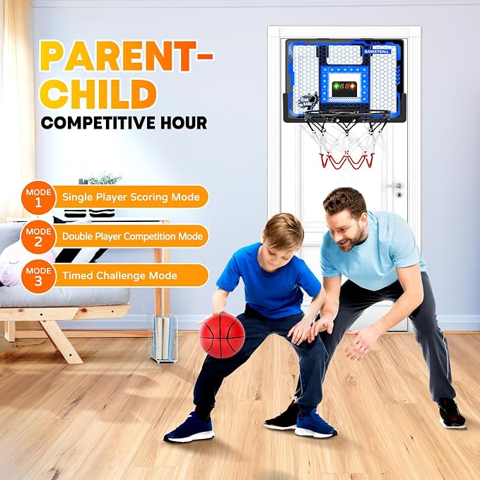 Indoor Basketball Hoop Pro for Kids, Over The Door Basketball Hoop with LED Light/Scoreboard/4 Balls- Upgraded Anti-Impact Backboard, Basketball Toys Gifts for 6 7 8 9 10 11 12 Year Old Boys
