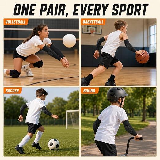 AceList Kids Youth Elbow Pads (Pair) - Honeycomb Padded Compression Arm Sleeves for Baseball, Softball, Volleyball & Basketball - Youth Elbow Guard for Boys & Girls Ages 5-15