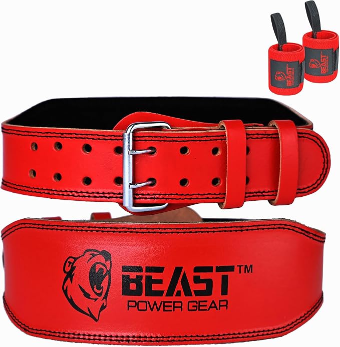 Weight Lifting Belt - 4” Genuine Leather Belts Padded Lower Back Support for Gym Bodybuilding Squat Deadlift Weightlifting Cross Strength Training Men Women Free Wrist Wrap