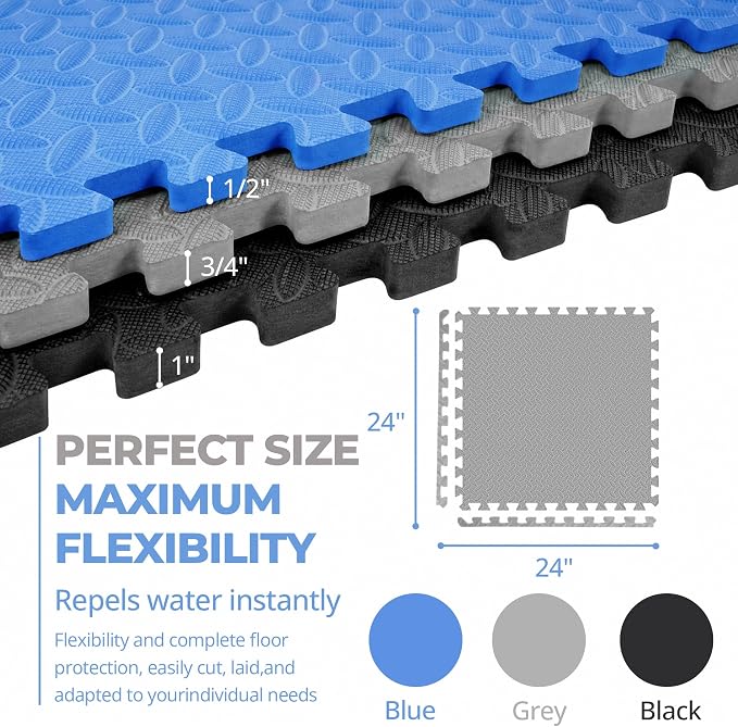 HulkFit Puzzle Exercise Mat, 3/4 Inch EVA Interlocking Foam Gym Flooring for Home Gym, Garage, Apartments, High-Density Shock-Absorbing Floor Tiles for Workout Equipment, MMA, Gymnastics, 24 Tiles