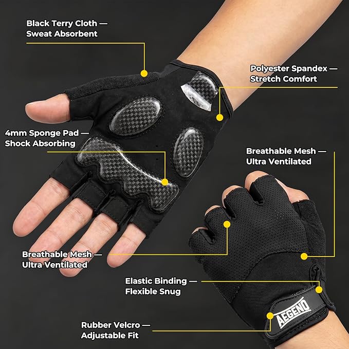 Aegend Half-Finger Cycling Gloves, Anti-Slip Shock-Absorbing Padded Palm, Breathable Mesh for Biking, Fitness and Outdoor Activities (Black)