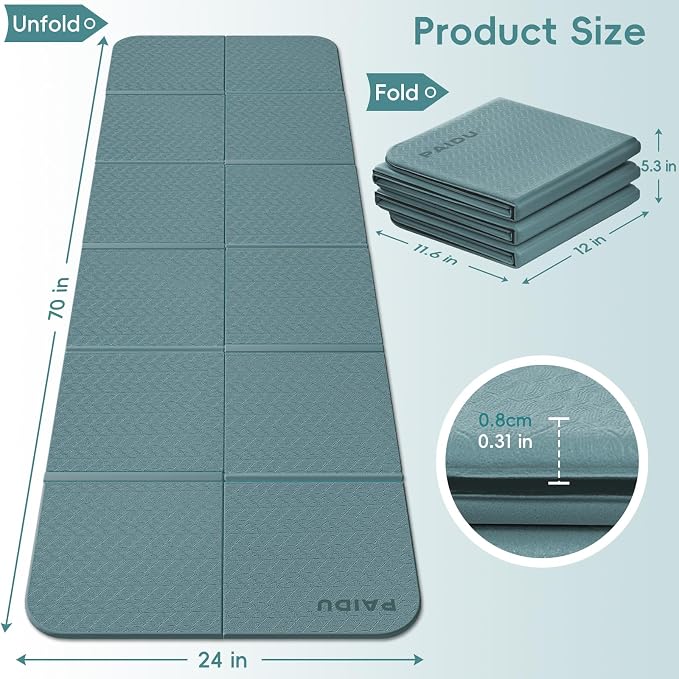 PAIDU Foldable Yoga Mat, 70"x24"x0.31" TPE Non-Slip Mat with Bag | Double‑sided non‑slip, 8mm thick TPE, foldable for travel, ideal for yoga/pilates/fitness/home/outdoor workouts