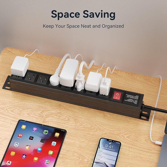 Heavy Duty Power Strip,8 Outlet Metal Power Strips Wall Mount, 1.6 inch Wide Spaced Industrial Surge Protector, Garage Outlet for Shop Workshop Power Strip with Switch & 6 FT Extension Cord, 300J