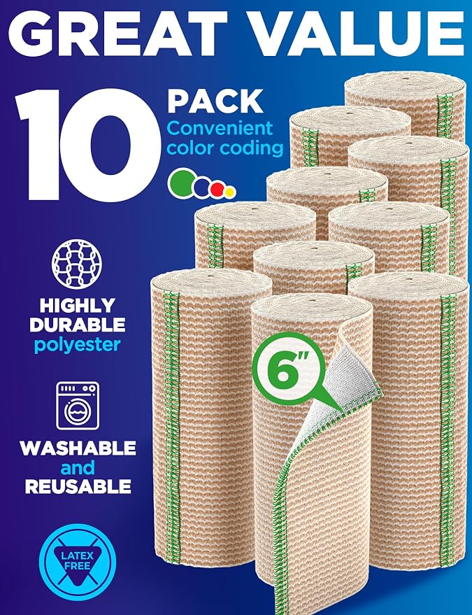 Premium Elastic Bandage Wrap - 6” (10pk) - Self-Closing Compression Bandage | Reusable Bandage Wrap for Leg, Ankles, Wrists, and Knees - For First Aid Kit and After Surgery Recovery - Latex Free