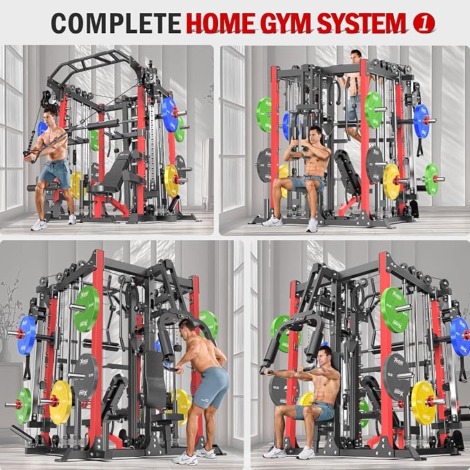 Smith Machine，Multi-Function Squat Rack Power Cage with Cable Crossover System,with Optional Weight Bench, Olympic Barbell Weight Set, for Home Gym