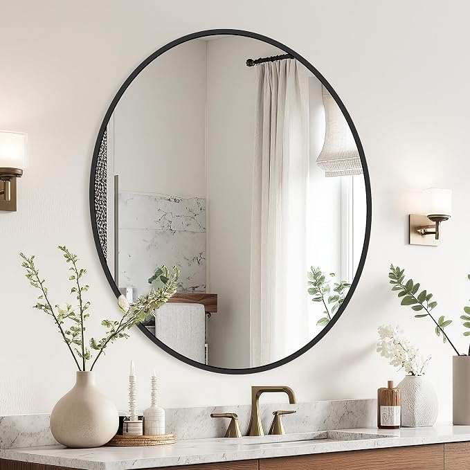 Black Round Mirror 22 Inch, Circle Wall Mirrors with Metal Frame, Wall Mounted Circular Mirror for Bathroom, Vanity, Entryway, Living Room, Hallway, Wall Decor